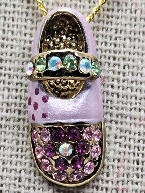 Vintage Whimsical Lavender Enamel Rhinestone Miniature Mary Jane Shoe Necklace